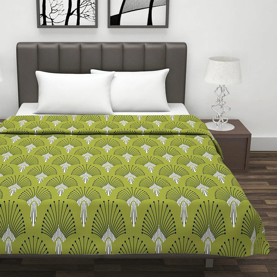 Divine Casa Glace Cotton Double Bed Dohar | Lightweight & Breathable AC Blanket | Reversible Summer Quilt | 220 x 205 CM, Olive Green & Blue