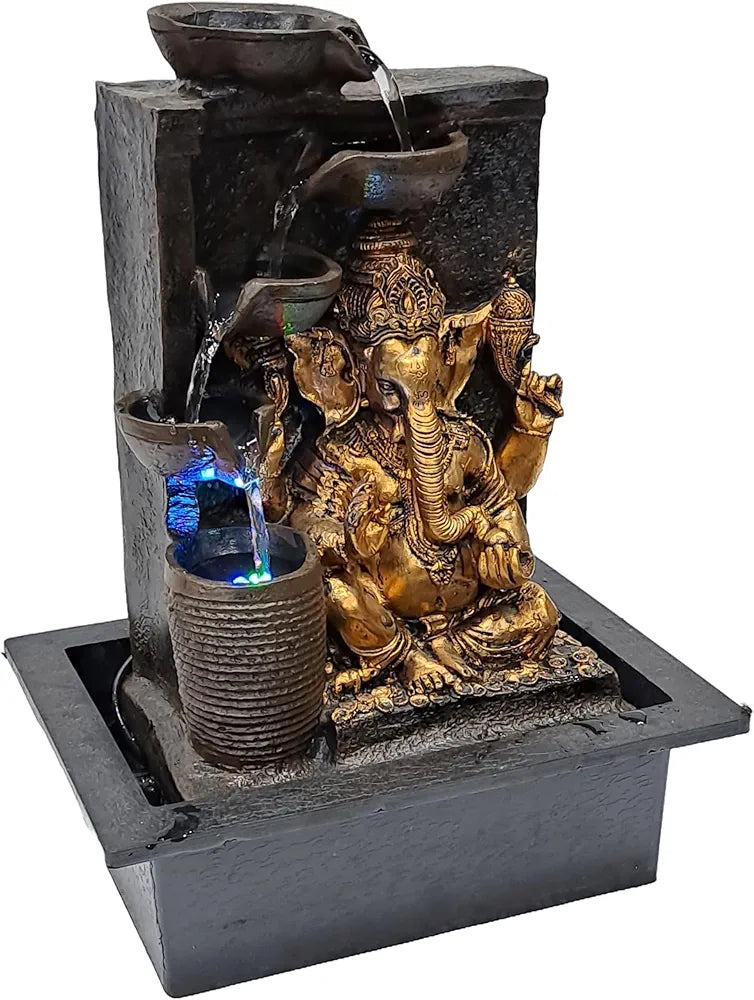 ALILA Ganesha Ganesh Ji Water Fountain Showpiece Idol for Home Living Room Temple Decor with Led Lights Table Top Decoration Gift Gifting Item, 15 inches