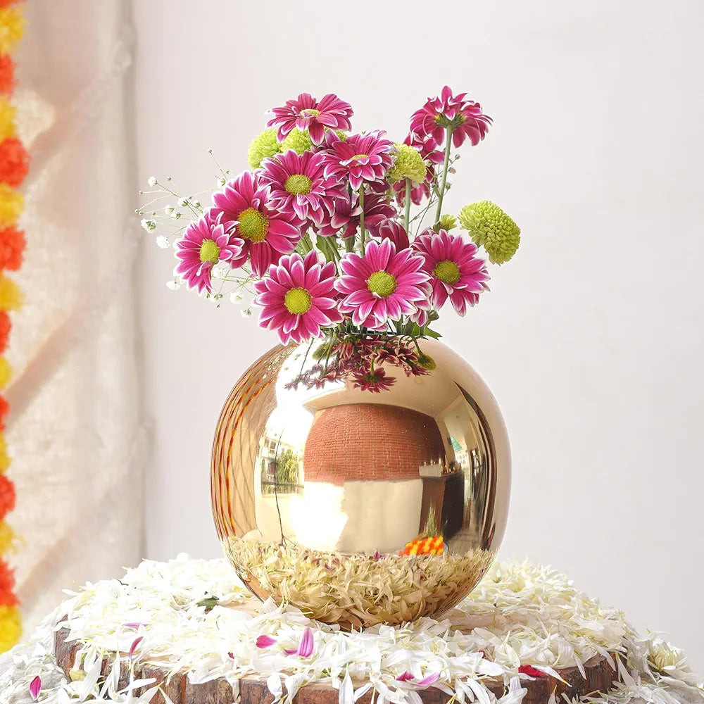 BEHOMA Metal Ball Round Flower Vase for Home Decor|Table Decorative Item for Bedroom Living Room Office Wedding | Best Gift for Birthday Anniversary Festival | Gold, Medium 
