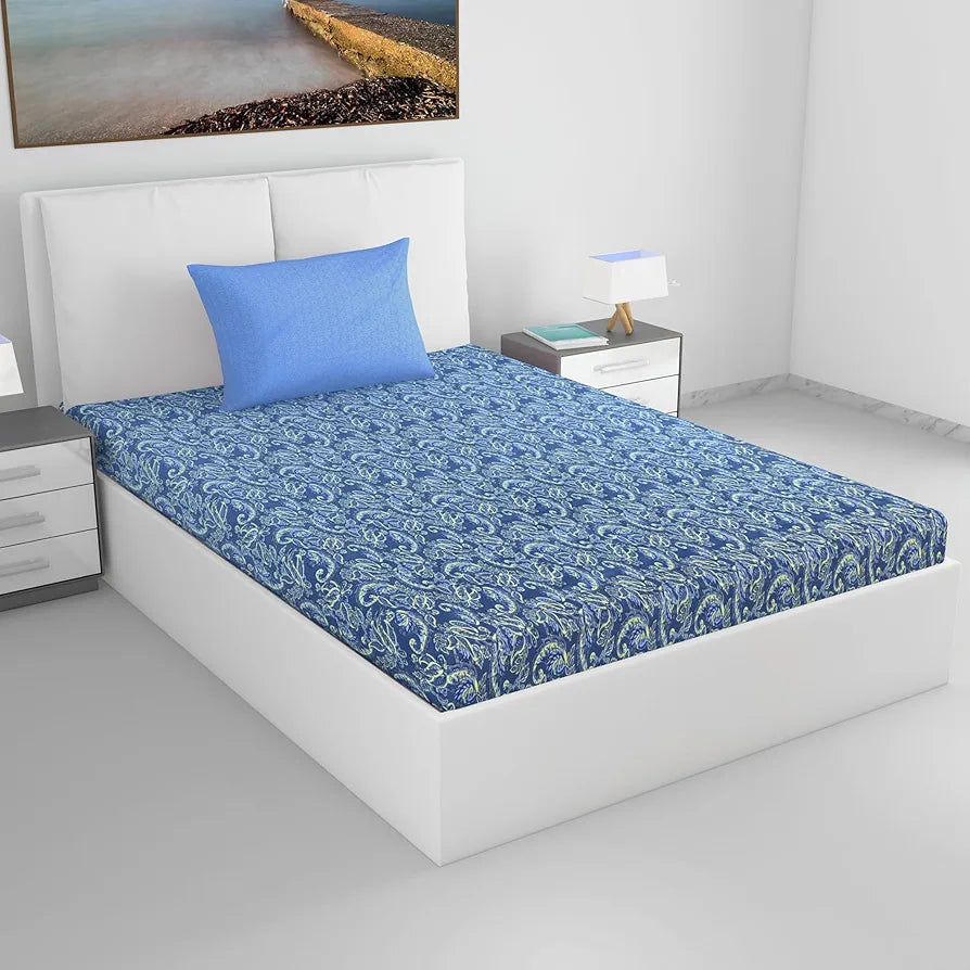Divine Casa 144 TC 100% Pure Cotton Single Size Bedsheet with 1 Pillow Cover | Soft & Durable for Everyday Use & Bedroom Decor | All-Season Comfort | Size 145 x 223 CM | Floral Paisley | Beige Blue
