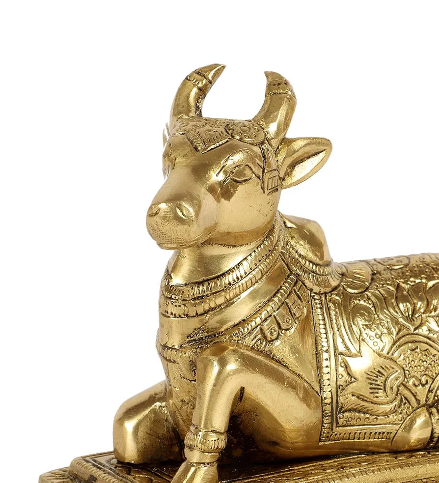 Two Moustaches Lotus Engraved 5 Inches Brass Nandi Cow Over Base, Brass Nandi Idol, Statue for Home/Temple, Nandi Bull Statue, Standard, Pack of 1