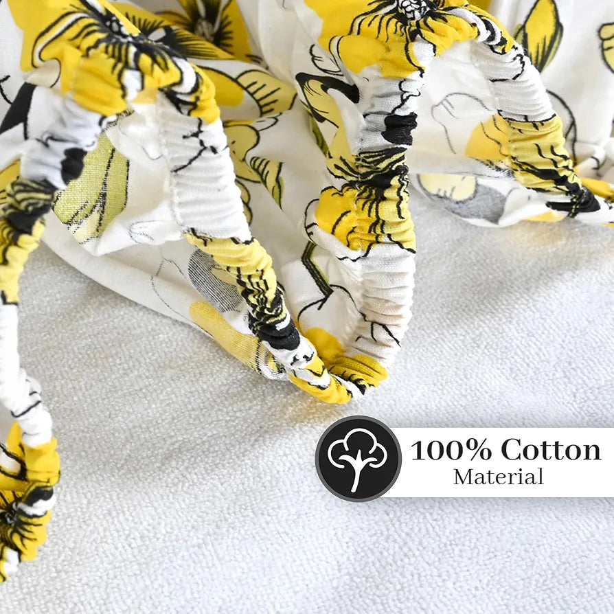 Divine Casa Floret 100% Cotton King Fitted Bedsheet | 144 TC | Deep Pocket Design | Soft & Breathable Fabric | Durable & Easy Care | 200 x 185 + 25 CM, Daffodil Yellow