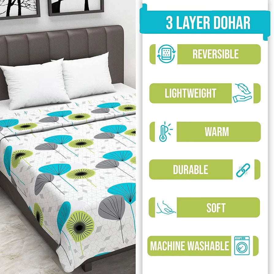 Divine Casa 100% Cotton Reversible Lightweight Printed Single Bed AC Dohar Blanket | White & Blue, Size 140 x 210 cm