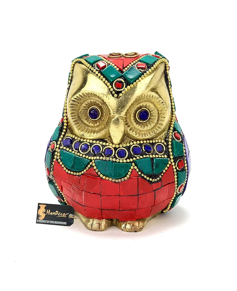 Two Moustaches Gemstone Work Vintage Brass Owl Decor Showpiece, Owl Showpieces for Home Decor