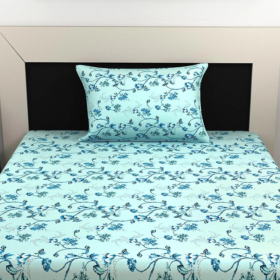 Divine Casa Bedsheet for Single Size Bed 144 TC Cotton Bedsheet for Single Size Bed with 1 Pillow Cover  Floral Frost Blue Cotton Bedsheet