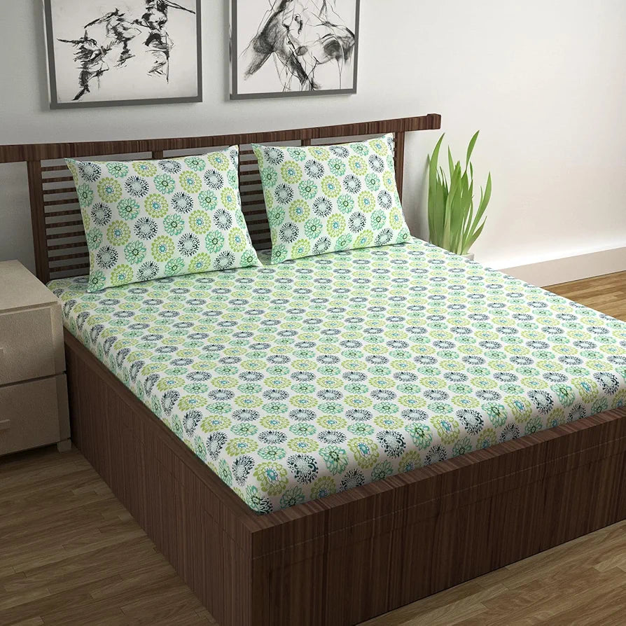 Divine Casa Double Size Bedsheet for Double Bed, 144 TC Pure Cotton Queen Size with 2 Pillow Covers | 222 by 254 cm | Floral | Green Blue