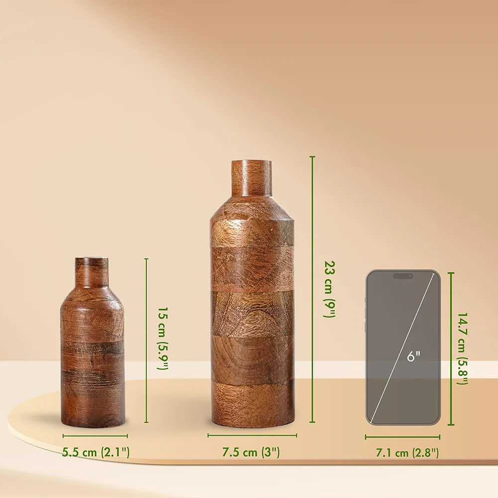 Behoma Wooden Flower Vase Set of 2, Bottle Shape Mango Wood Vases for Flowers for Decor Home Living Room Kitchen Office, Walnut Brown Finish | Height - 9 inch  & 5.9 inch 
