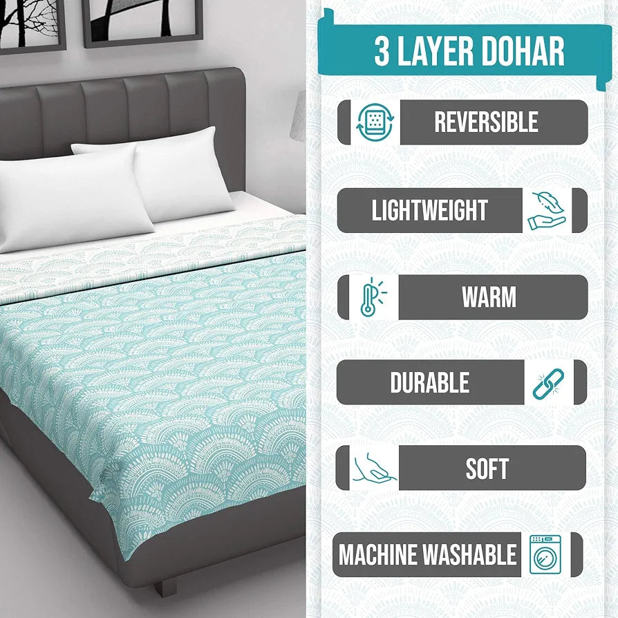 Divine Casa 120 GSM Microfiber Single Dohar | Soft & Lightweight Throw Blanket | Cozy & Breathable | All-Season Comfort | 210 x 140 CM | Art Deco Fan Pattern | Aqua & White