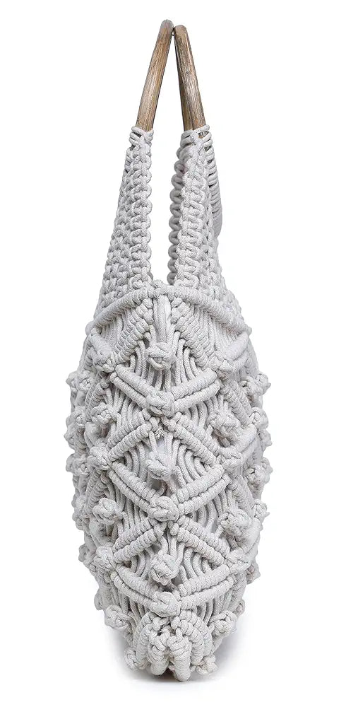 ALII AND ALIIZEY Off-White Macrame Braided Wooden Handle HandBag 