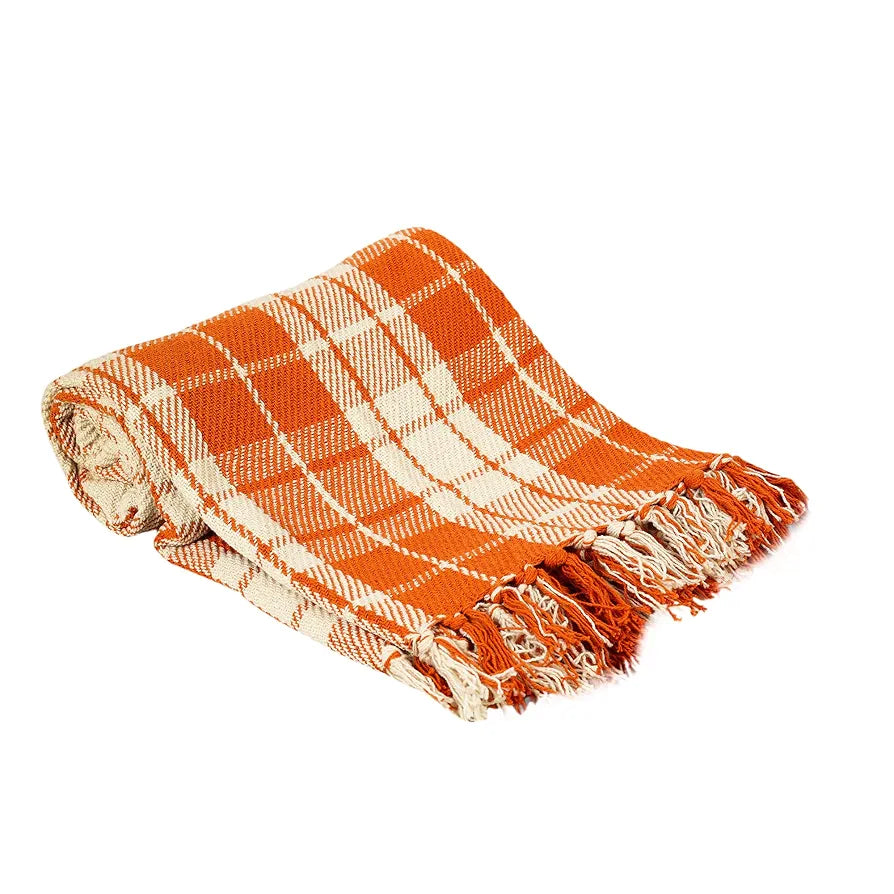 SASHAA WORLD Plaid Blanket | Throw for Living Room, Bedroom, Sofa & Chair | Orange and White Blanket | 1200g, 125x150 cm