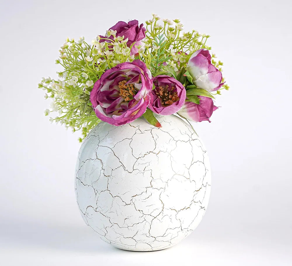 BEHOMA Metal Ball Vase for Home Decor|Round Flower Pot for Bedroom Living Room Office Wedding|Flowers Arrangement for Birthday Anniversary Festival|Off-White Crackled Medium 