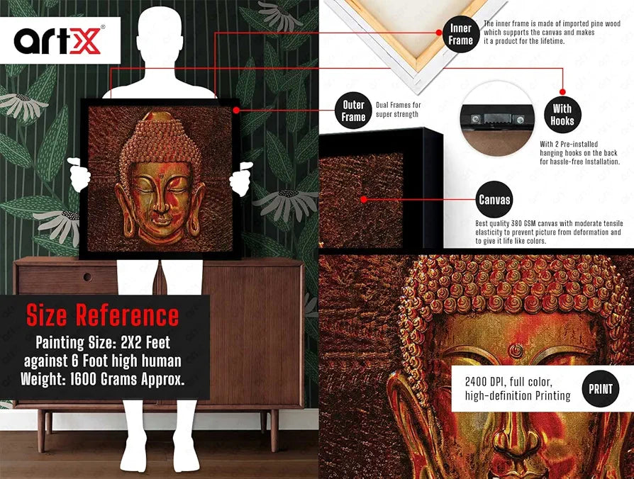 ArtX Golden Buddha Big Canvas Painting For Living Room With Frame, Multicolour, Square, 24.0 x 24.0 inch, 2x2 Feet, Set Of 1