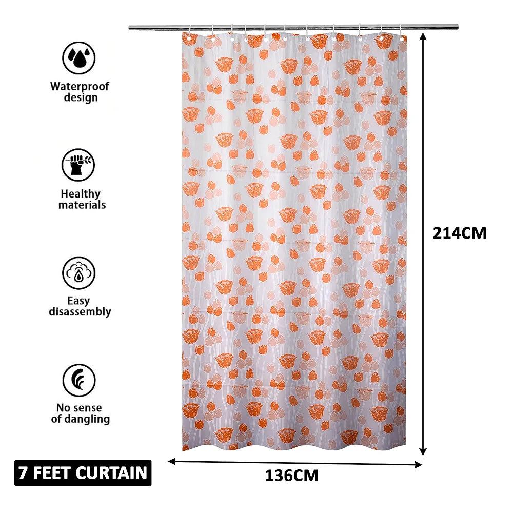 Kuber Industries Shower Curtain | 7 Feet | Bathroom Shower Curtain | AC Curtains | PVC Waterproof Window Curtain | Curtains for Bathtub | 8 Rings Curtain | Orange Gulab | Blury Transparent
