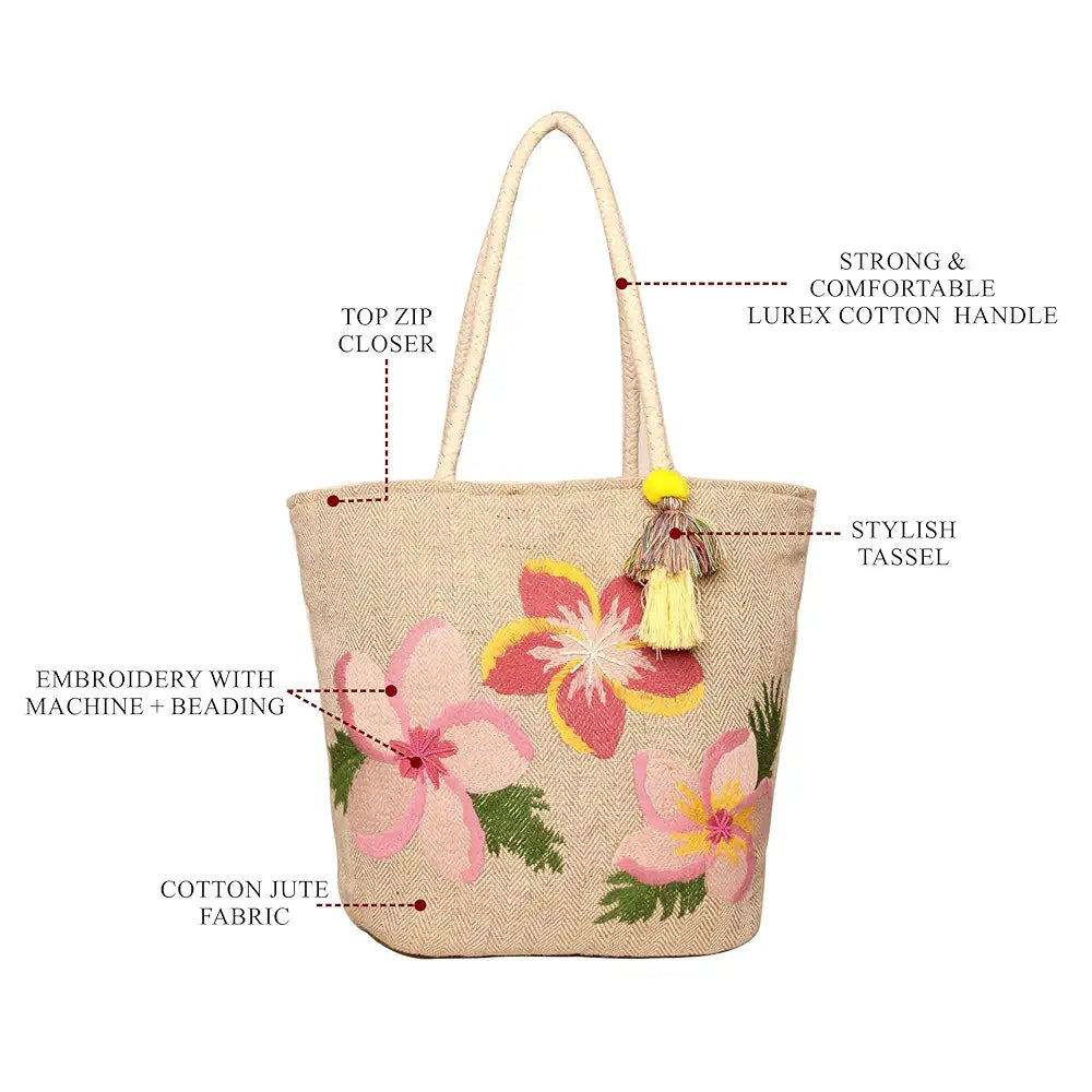 ASTRID Embroidered Floral Jute Tote Bag for Women and Girls with Zip, Tassels, Internal Zipper And Completely Biodegradable