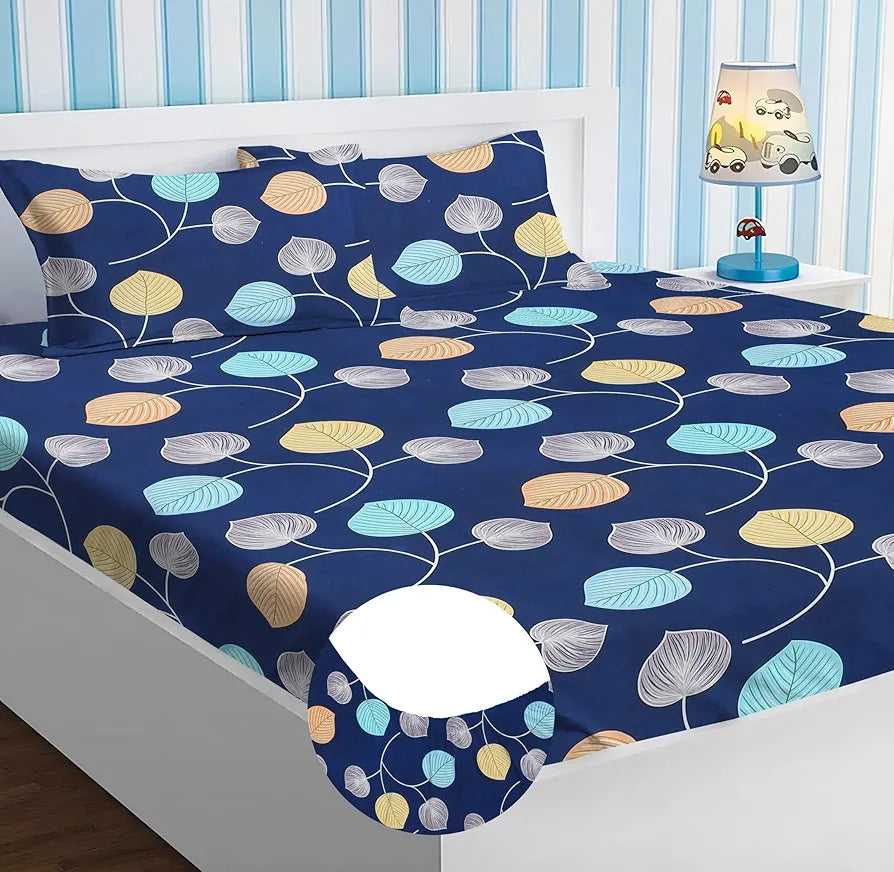 HOMEKART Premium Cotton Elastic Fitted Bedsheets with 2 King Size Pillow Covers Double Bed with All Around Elastic Supersoft Size - 72 x 78 +10 inches Flower Print Dark Blue 200 tc - 220 tc