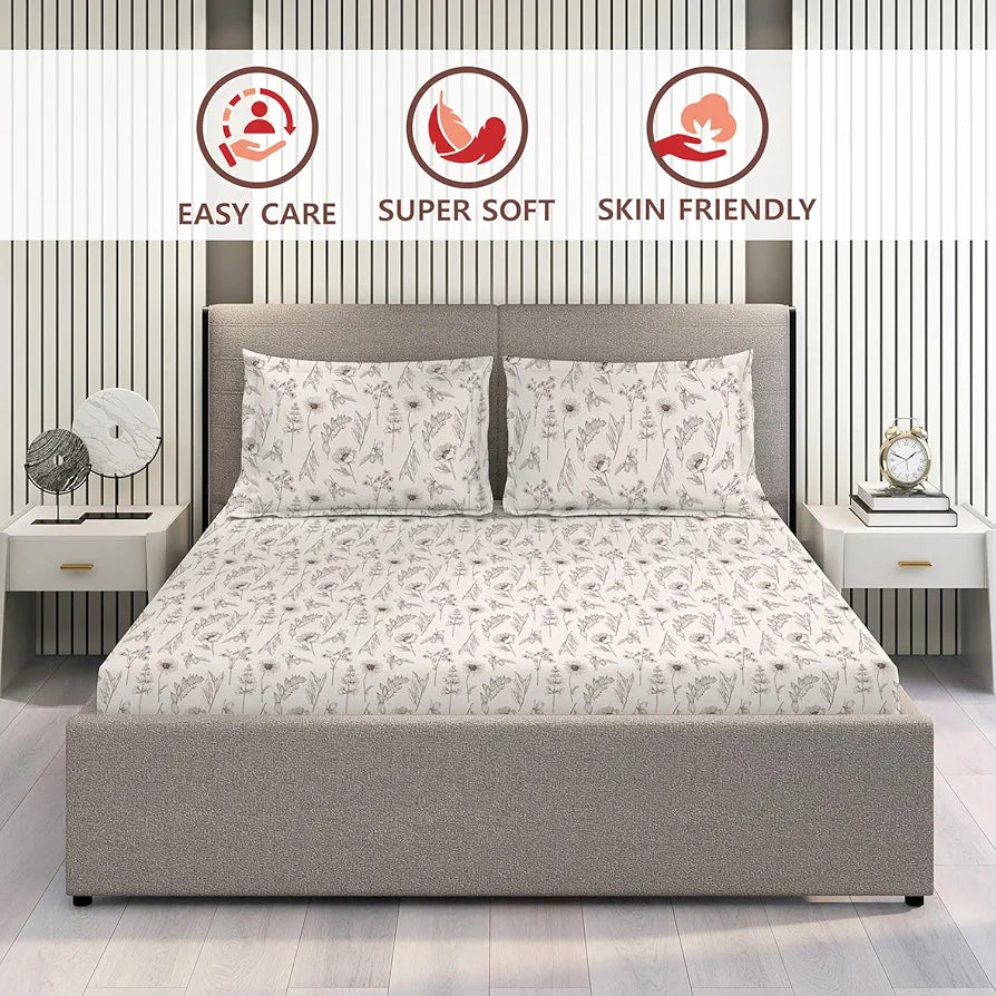 Layers Lumina Floret 100% Cotton Bedsheet Set for All Seasons - Lightweight, Moisture Absorbent, Machine Washable & Easy to Care - 144 TC - Queen Size 