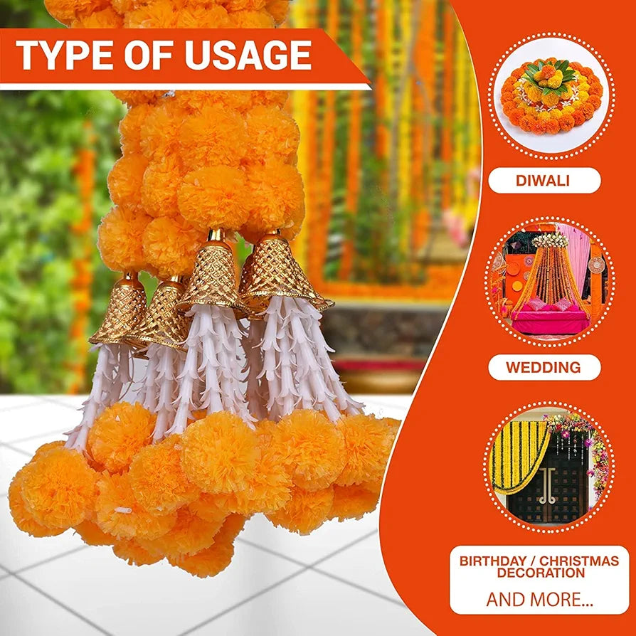 HOME BUY Artificial Orange Flowers For Decoration Garland With Bell For Diwali & Festivals Christmas, Navratri, Holi,Janmashtami | 5 Feet Long 5 Pcs With 1 Diya , 5 Centimeters