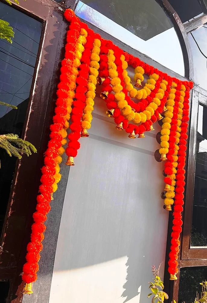 Rajasthan Kraft Artificial Fluffy Marigold Bandhanwar with Bell – 40 Inch Yellow Mango Flower Full Door Bandanwar for Home, Temple, Wedding & Festival Decoration