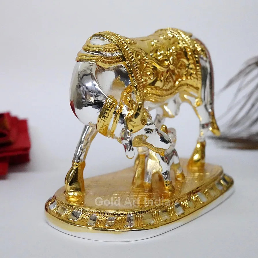 Gold Art India Om Kamdhenu Cow with Calf for Gold & Silver Plated | Home Decor | Gaay Bachda Cow and Calf for Vastu | Positive Energy | Wealth |
