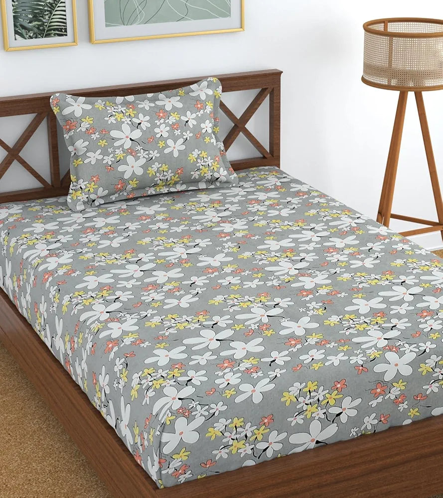 Homefab India 180 TC Microfiber Single BedSheet with 1 Pillow Cover - Light Grey, Floral