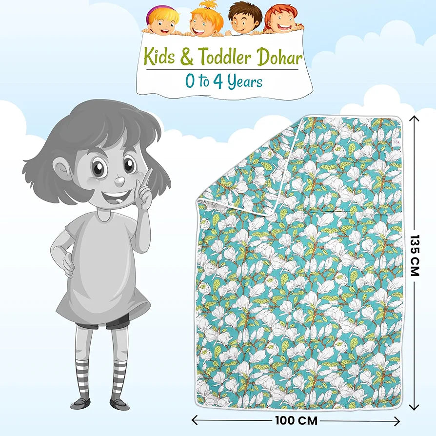 Divine Casa Floret 100% Cotton Single Kids Dohar | 120 GSM | Soft & Lightweight Throw Blanket | Cozy & Breathable Bedding | All-Season Comfort | 140 x 100 CM, Meadow Green