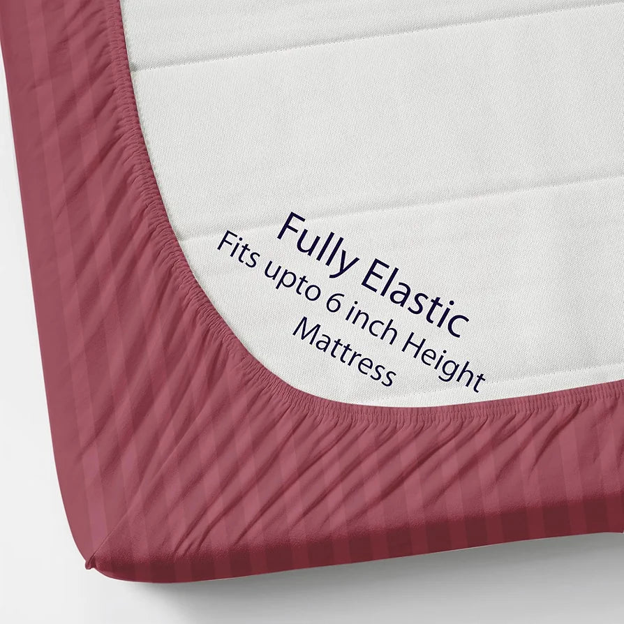 Homefab India 160 TC Stripe Cotton Feel Glace Cotton Elastic Fitted King Size Double Bed Bedsheet with 2 Pillow Covers Fits Upto 6 inches Mattress, Size-72X78 inches, Pink