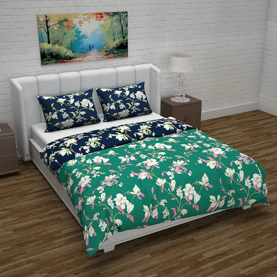 Divine Casa Micro Polyester Reversible Double Bed Queen Size Floral Printed Duvet Cover, Green & Navy Blue