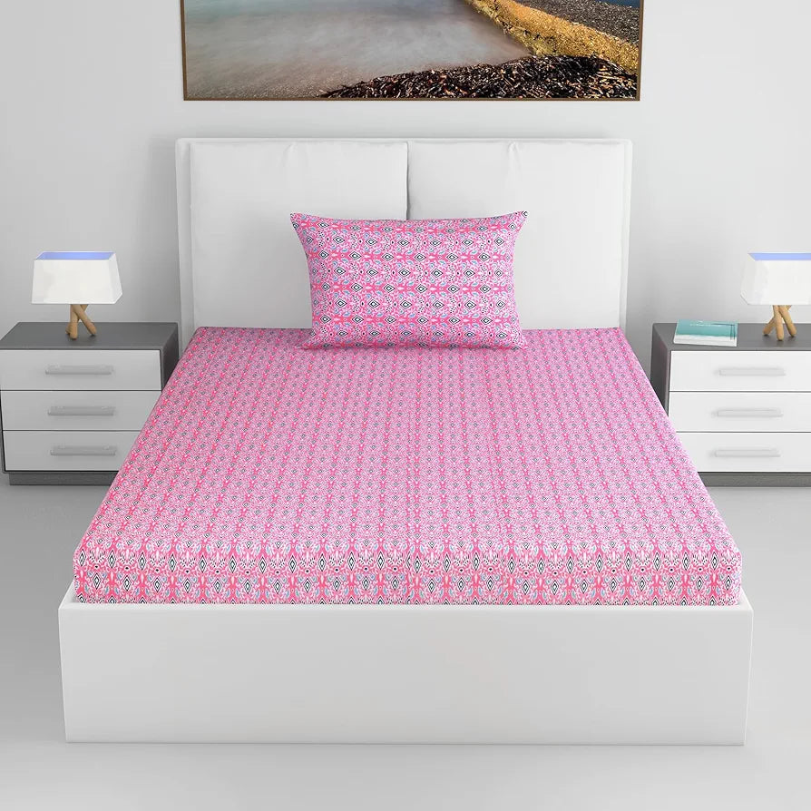 Divine Casa 144 TC 100% Pure Cotton Single Bedsheet with 1 Pillow Cover | Soft & Skin-Friendly Fabric for Everyday Comfort | All-Season Use | Size 223 X 145 CM | Geometric Petal Print | Pink Fuchsia