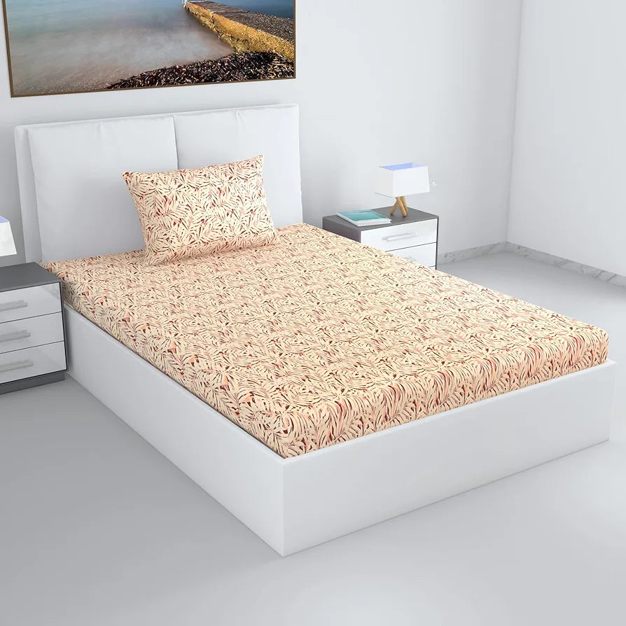 Divine Casa 144 TC 100% Pure Cotton Single Size Bedsheet with 1 Pillow Cover | Soft, Durable & Skin-Friendly Fabric for All-Season Comfort & Use | Size 223 x 145 CM | Tropical Leaf | Cream Brown