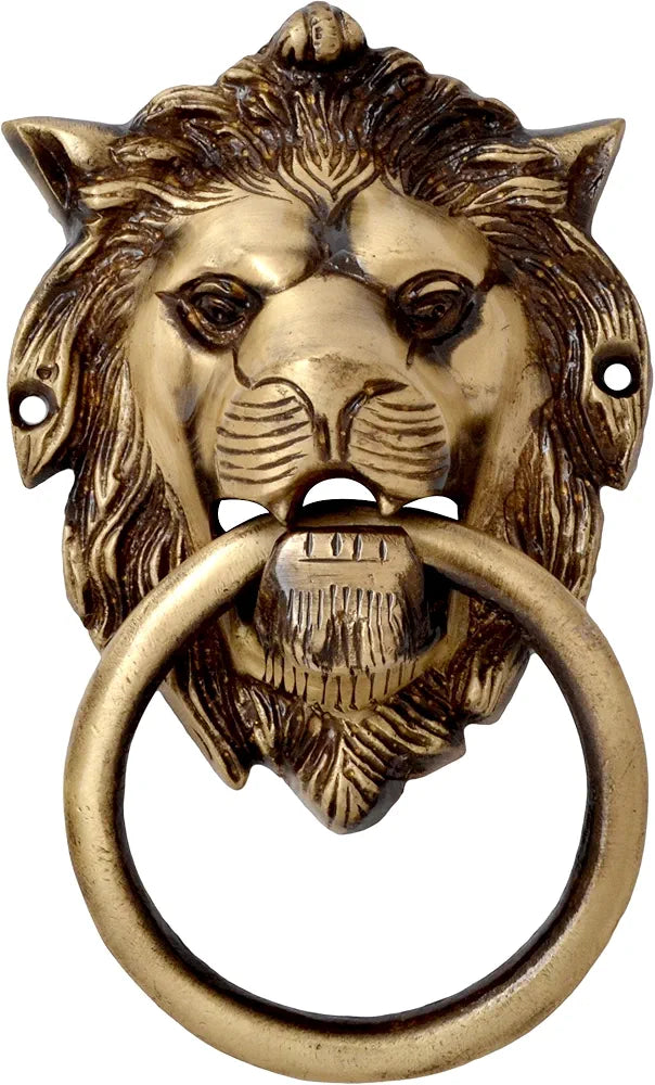 Two Moustaches Lion Mouth Brass Door Knocker, Door Knocker for Main Door, Door Knockers Antique, Brass Lion Knocker, Standard, Pack of 1, Knob