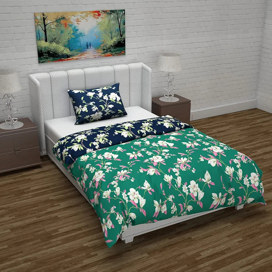 Divine Casa Microfiber Reversible Single Bed AC Duvet Cover Set with 1 Pillow Cover | Soft & Cozy for Quilt/Comforter/Blanket - Green & Navy Blue