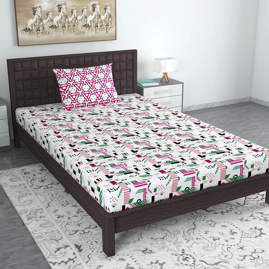 Divine Casa Bedsheet for Single Size Bed 144 TC Cotton Bedsheet for Single Size Bed with 1 Pillow Cover  Abstract Pink & White Cotton Bedsheet