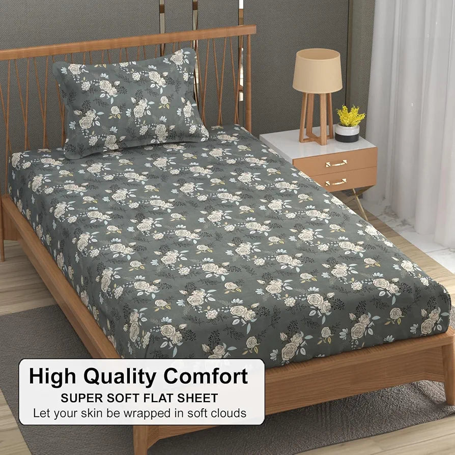 FRESH FROM LOOM Single Bed Microfiber Bedsheet with Floral Print - 240 TC, Anti Fade, 1 Pillow Covers 