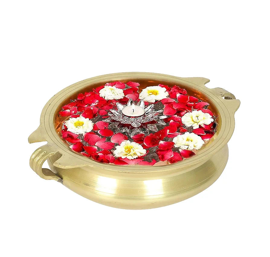 Two Moustaches Brass Urli Traditional Bowl Showpiece, Standard, Natural Brass, Antique Yellow, 1 Piece