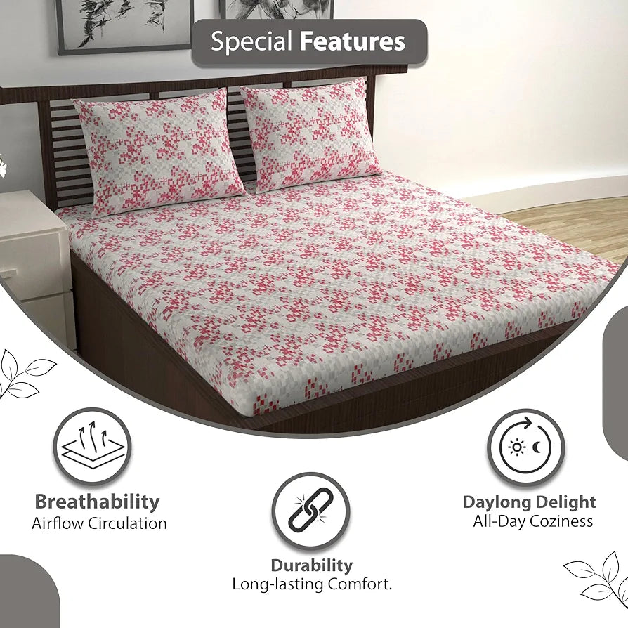 Divine Casa 144 TC Pure Cotton Double Bed Bedsheet with 2 Pillow Covers | Smooth & Comfortable for Daily Use | All-Weather Coziness & Bedroom Style | Size 222 x 254 CM | Mosaic Bloom | Ivory Red