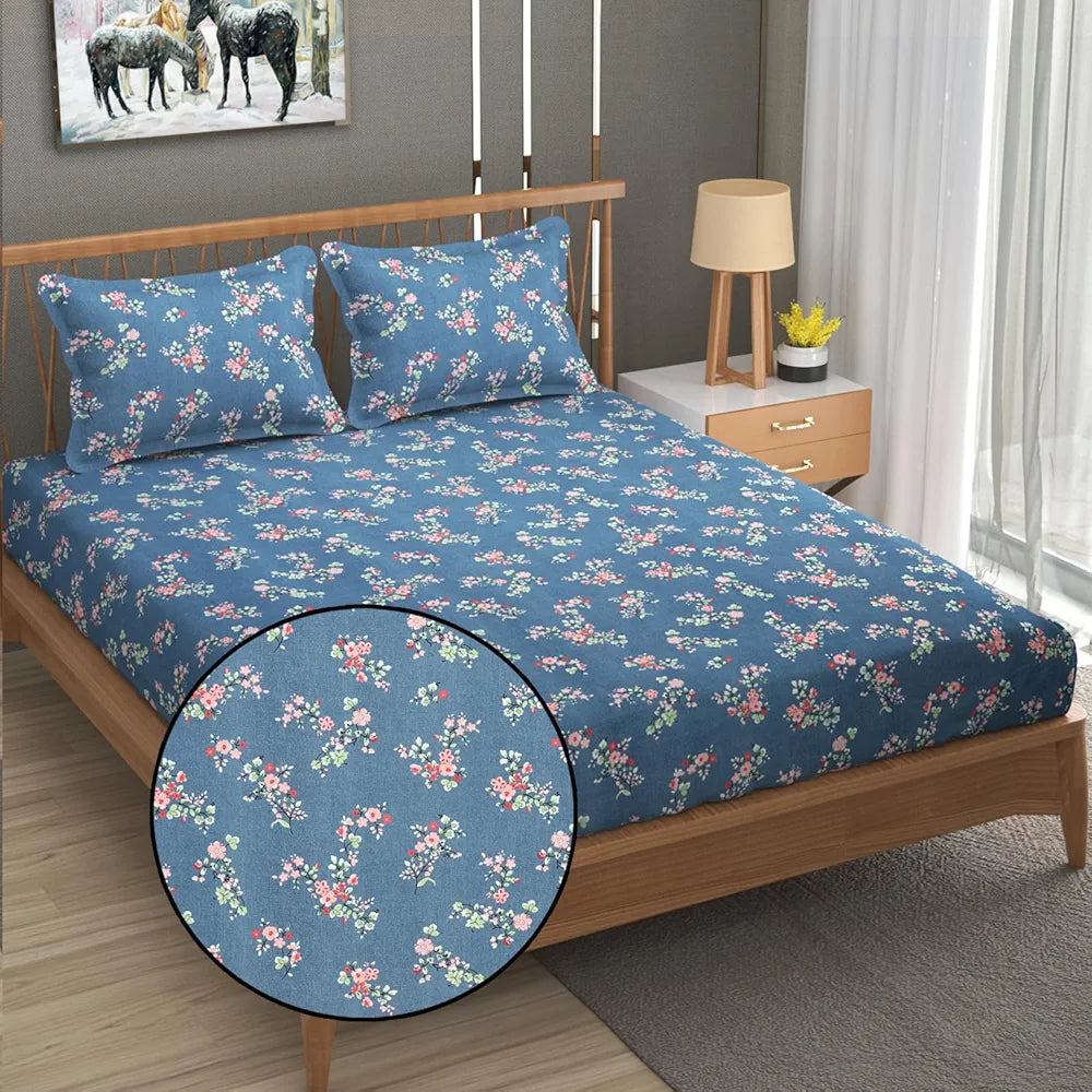 FRESH FROM LOOM Anti Fade Floral Print 240 TC Microfiber King Size Fitted Bedsheet with 2 Pillow Covers  | Greyish-Blue)