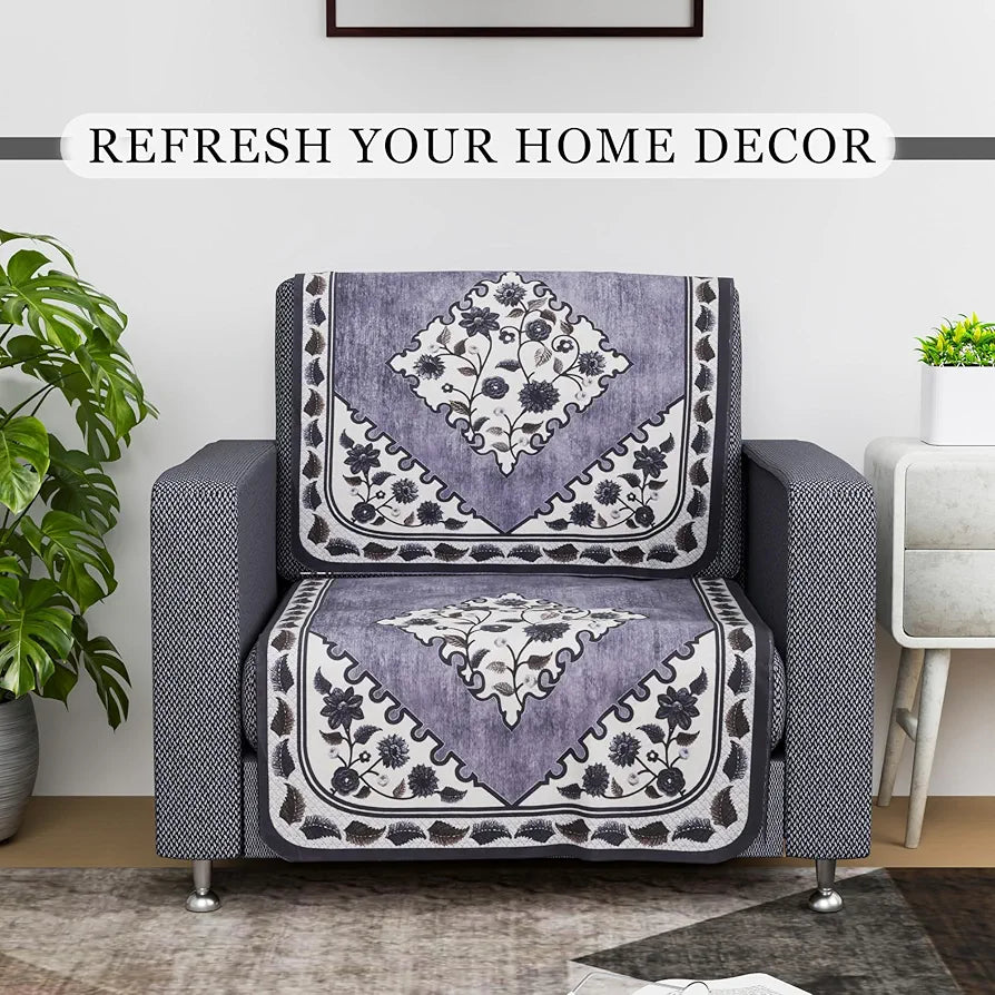 Kuber Industries Net Single Seater Sofa Cover - Couch Slip Cover Set for Home and Living Room - Flower Digital Triangle Border Print-753 - Grey