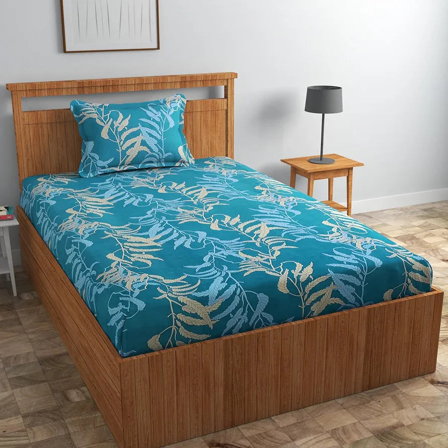 Homefab India 160 TC Glace Cotton Single BedSheet with 1 Pillow Cover -  - Aqua, Floral