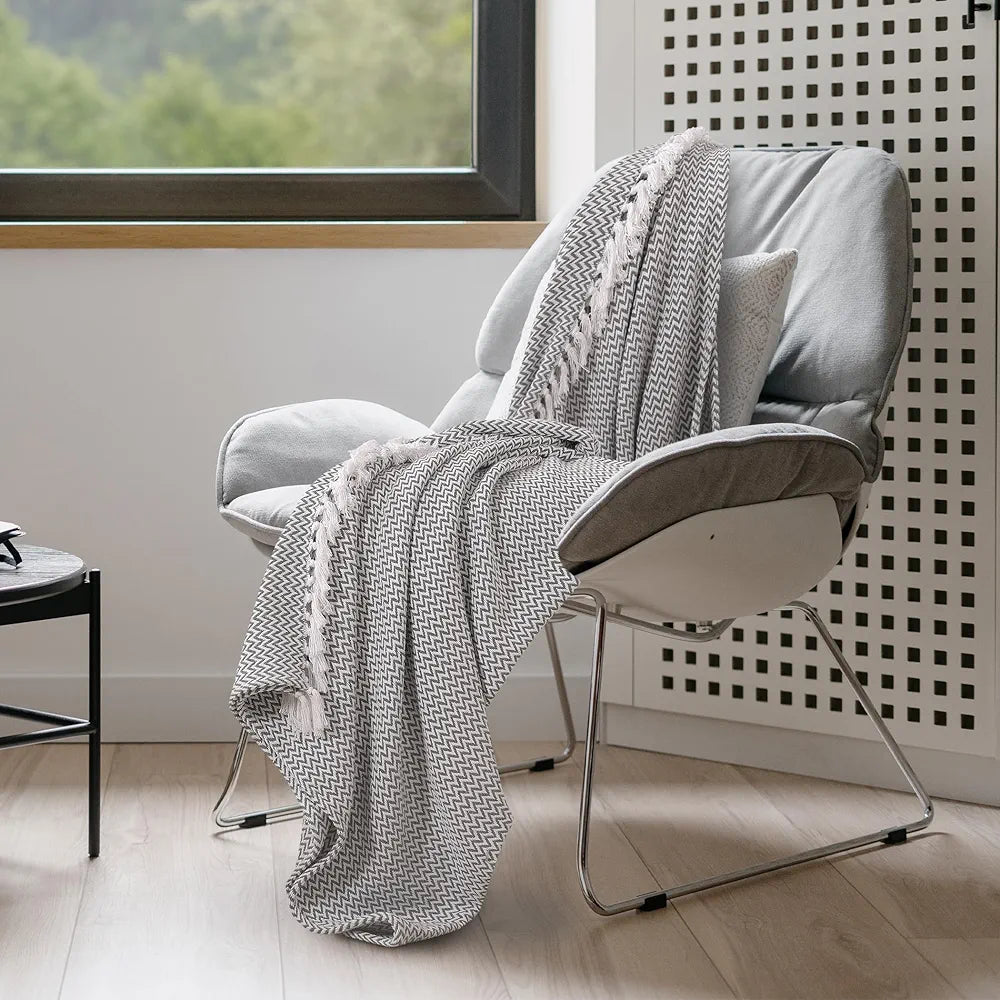 SASHAA WORLD Chevron Delight | Grey Ivory Versatile Cotton Throw Blanket | Ideal for Living Room, Sofa, Bed and Chair | 180X130 Cm
