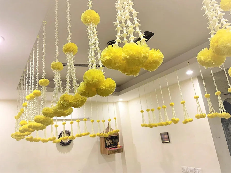 SPHINX Artificial Rajnigandha  Clustered Fluffy Marigold  Strings for Decoration of Home, Balcony, Walls, Hall, ganpati Backdrop Approx 2.33 ft - Pack of 6 