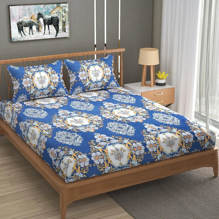 Homefab India 180 TC Microfiber Double BedSheet with 2 Pillow Covers -  -White, Blue, Floral