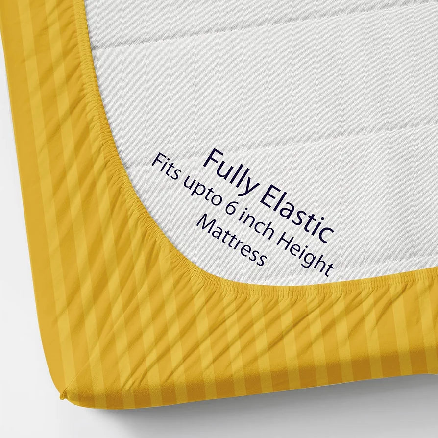 Homefab India 160 TC Stripe Cotton Feel Glace Cotton Elastic Fitted King Size Double Bed Bedsheet with 2 Pillow Covers Fits Upto 6 inches Mattress, Size-72X78 inches, Yellow