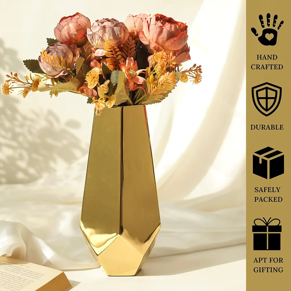 Behoma Designer Stainless Steel Prism Glow Flower Vase | Modern Design Flower Vase for Home Decor | Center Table Decorative Item for Living Room, Dining Table, Office, Bedroom | Golden