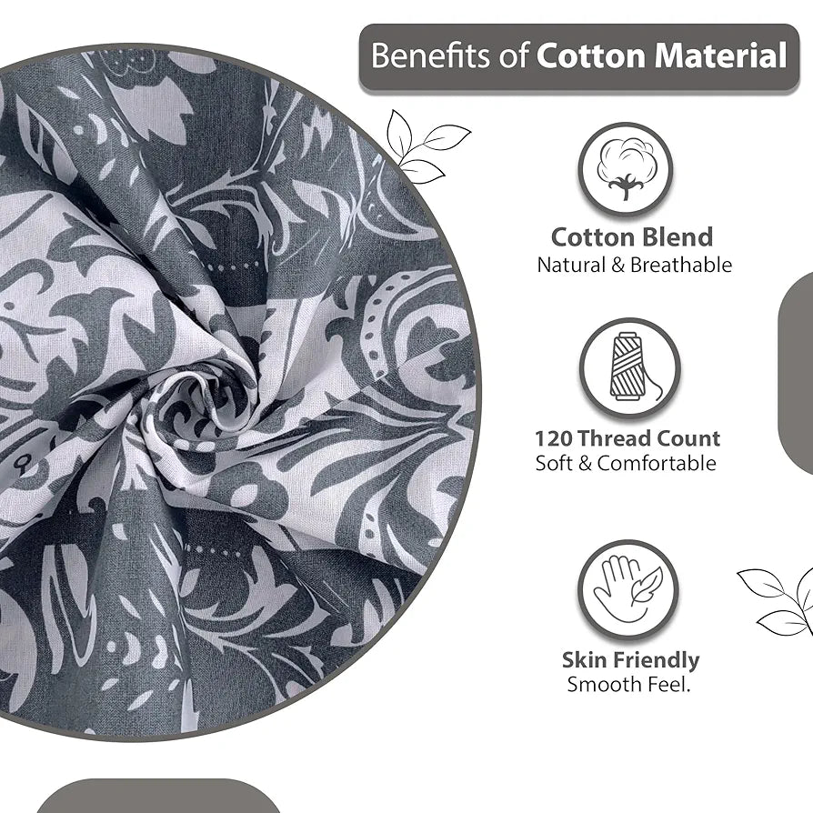 Divine Casa Double Size Bedsheet for Double Bed, 144 TC Pure Cotton Queen Size with 2 Pillow Covers | 222 by 254 cm | Floral | Grey & Blue