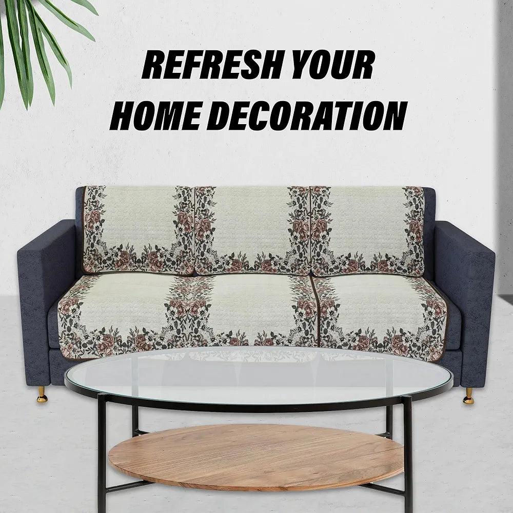 Kuber Industries Sofa Cover Set | 5-Seater Couch Cover | Net Velvet Sofa Slip Cover Set | Sofa Slipcover Set | Sofa Cover for Living Room | Brown Gulab Border Crown Sofa Cover | Cream