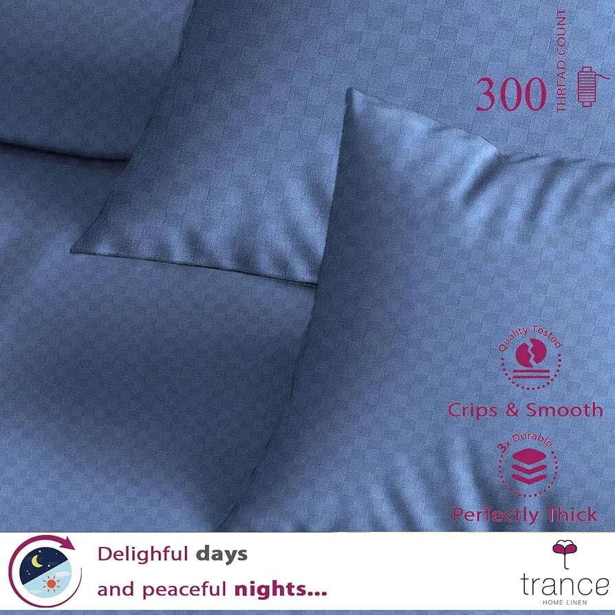 Trance Home Linen 300TC Pure 100% Cotton Queen Size Jacquard Weave Fitted Bedsheet with 2 Pillow Covers - 