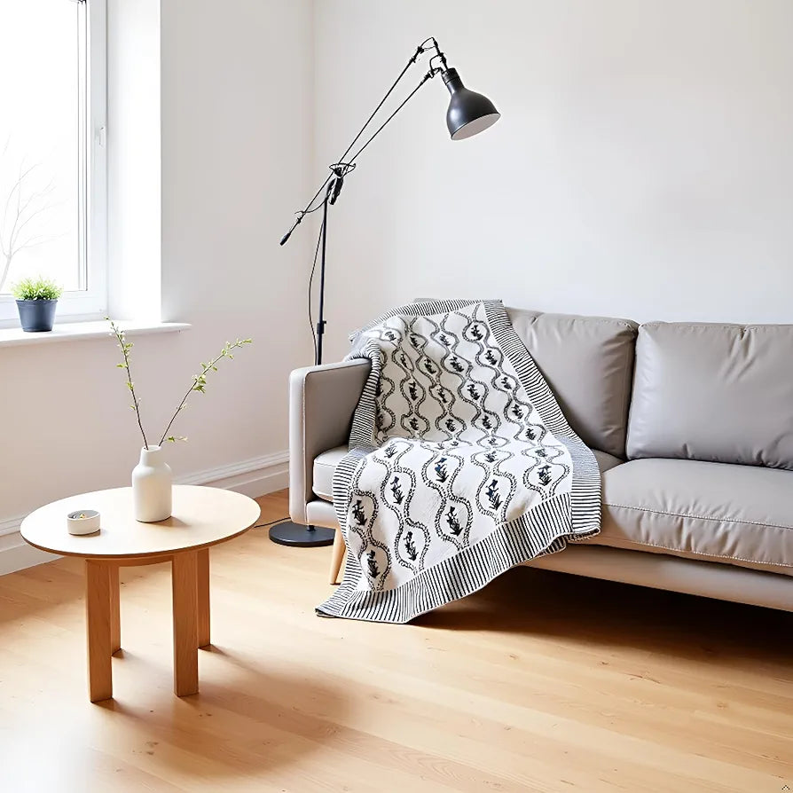 SAJAVAT HOME Hand-Knitted Slub Cotton 3 Seater Sofa Throw | 80x52 Inches / 204x132 cm | White Printed Throw for Sofa, Bed, Chair & Travel | Soft & Breathable | Ideal for All Seasons | Pack of 1