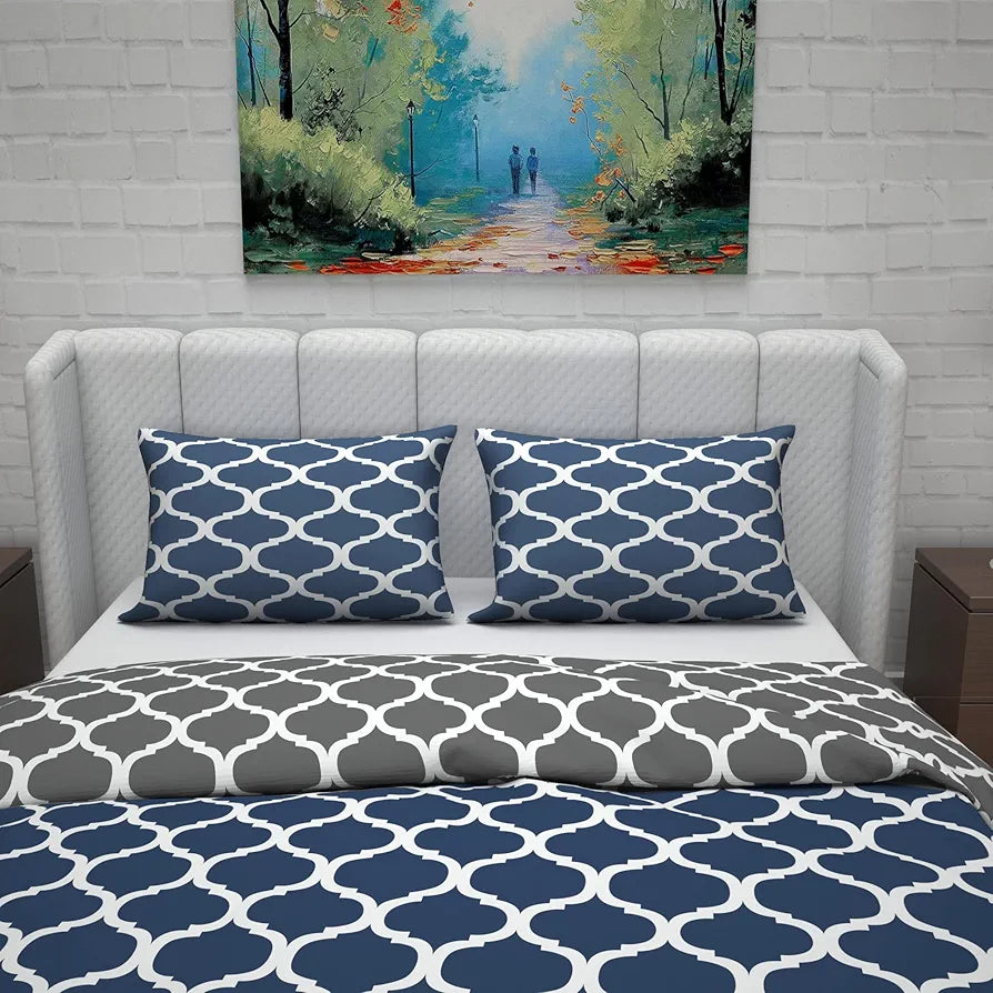 Divine Casa Micro Polyester Reversible Double Bed Queen Size Abstract Printed Duvet Cover, Dark Blue & Grey