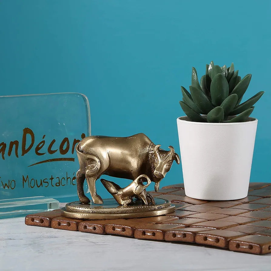 Two Moustaches Brass Kamdhenu Cow & Calf Showpiece, Handcrafted Brass Kamdhenu Statue, Brown, Standard, Pack of 1