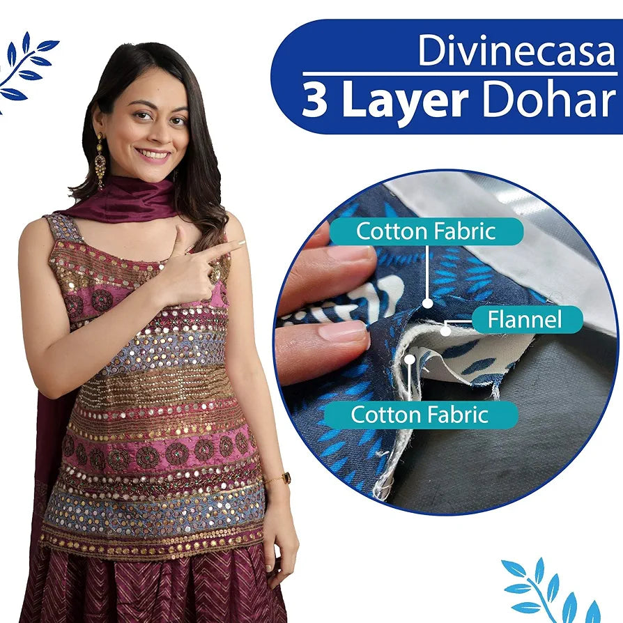 Divine Casa Floret 100% Cotton Double Dohar | 120 GSM | Soft & Lightweight Throw Blanket | Reversible Design | Cozy & Breathable Bedding | All-Season Comfort | 220 x 205 CM, Blue Aqua
